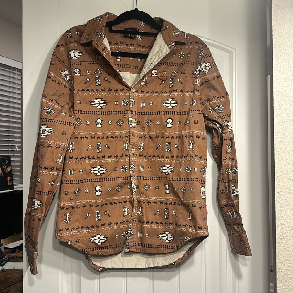 Catch Surf Shirt Men's Medium Brown Tan Tribal Button Down Long Sleeve. Vintage